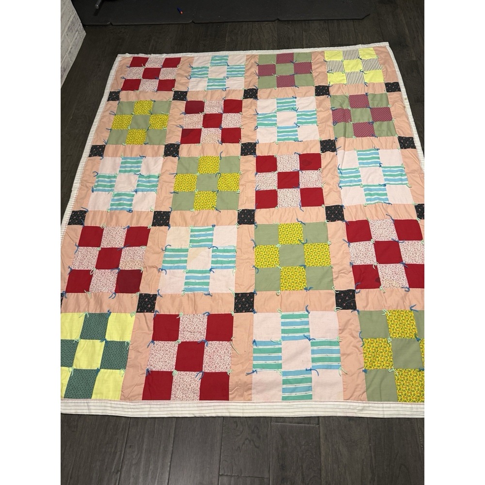 Quilt 9 Nine Patch 68 x 81 Vintage Tie Knot Quilt Multicolor Patchwork Stained